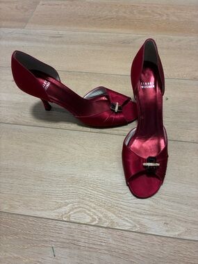 Stuart Weitzman Red Satin Peep-Toe D'Orsay Heels with Jewels